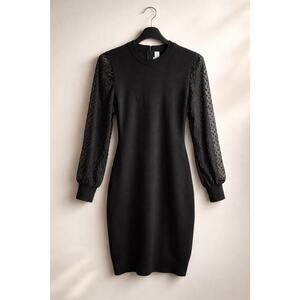 St John Collection Black Knit Dress Sheer Polka Dot Flocked Sleeves USA Sz 4